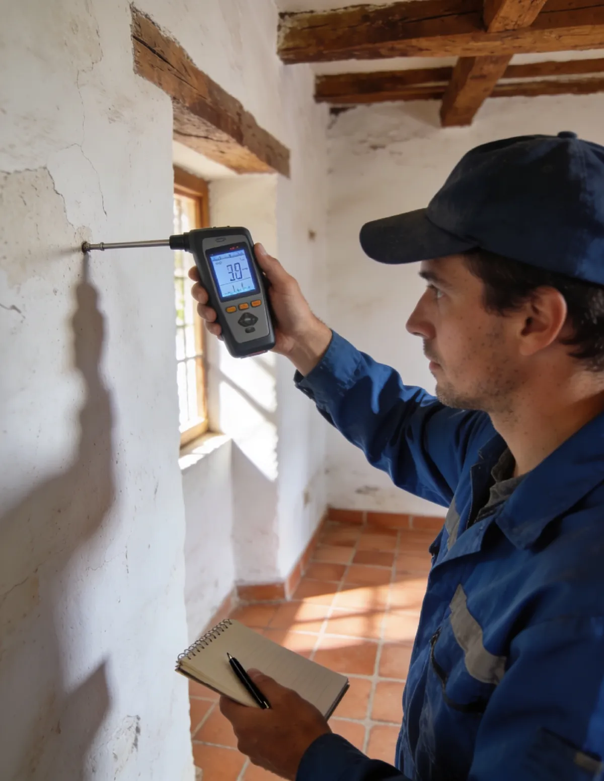 Técnico HUMIX midiendo la humedad de un muro antiguo en Daimiel